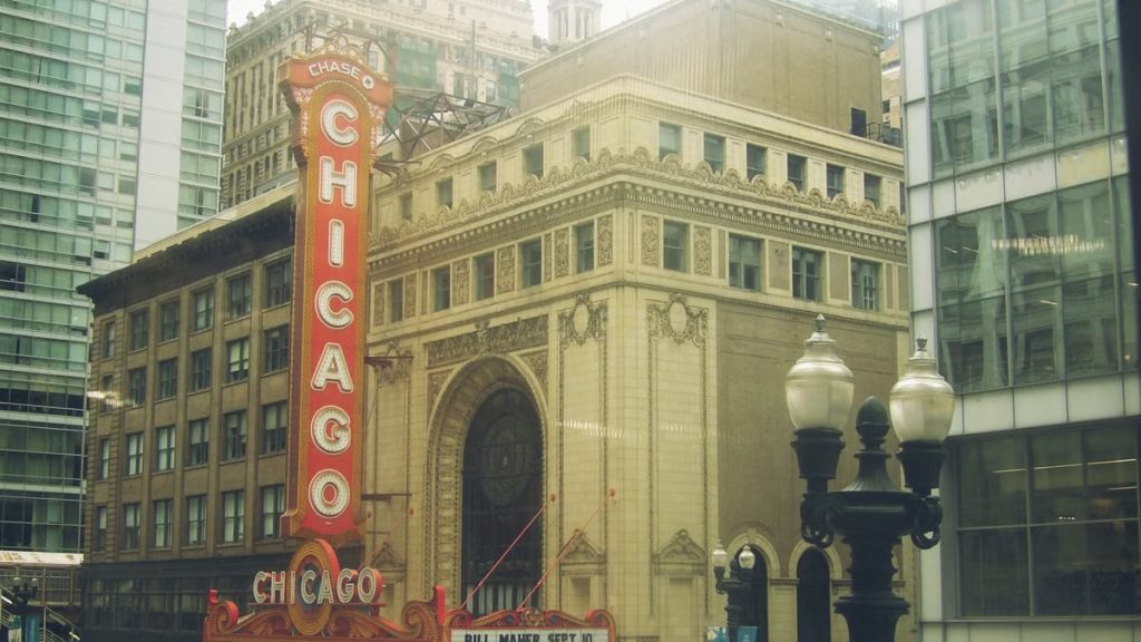 Chicago Theatre marquee in downtown, showcasing architectural beauty and urban life.